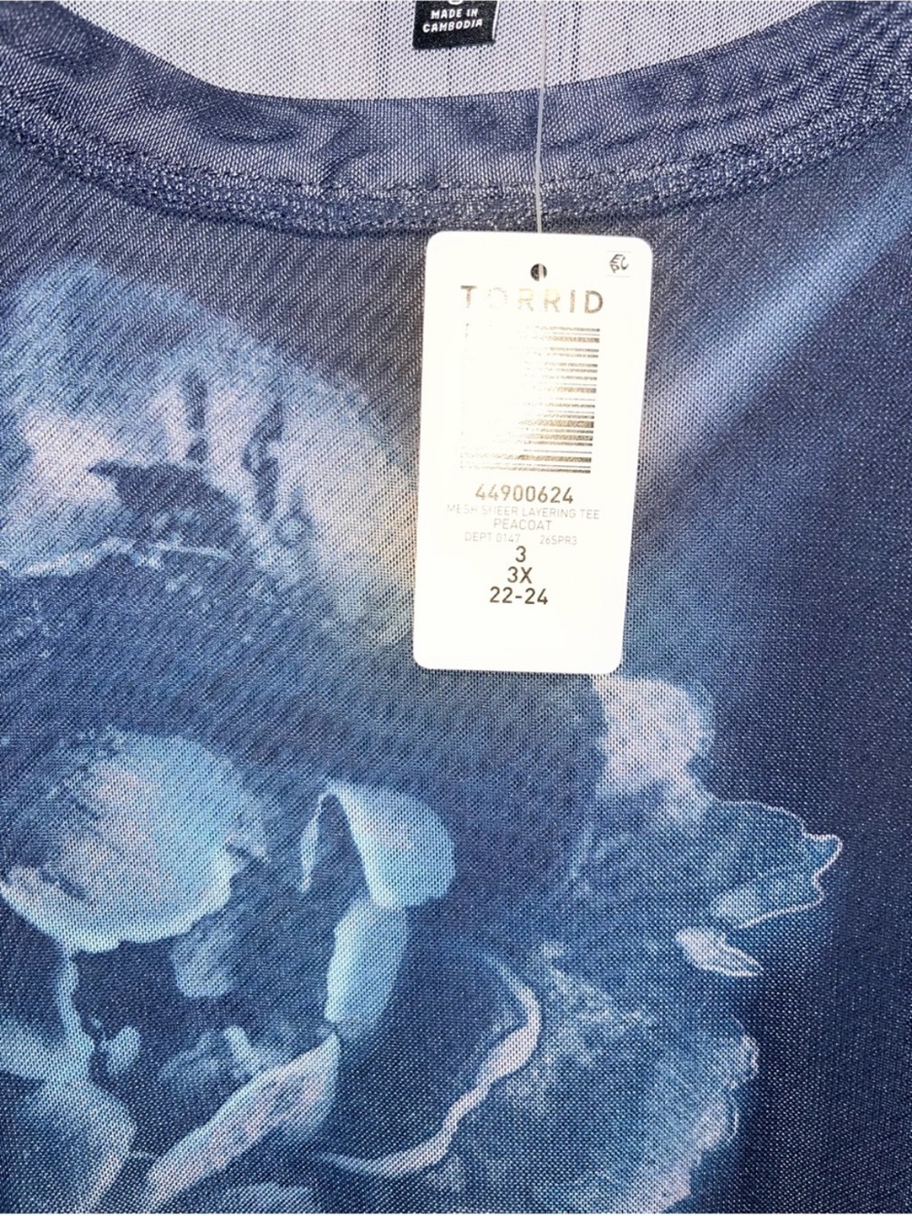 NWT Torrid Mesh Sheer Layering Tee Peacock Blue Floral 3X 22-24 - Picture 5 of 5